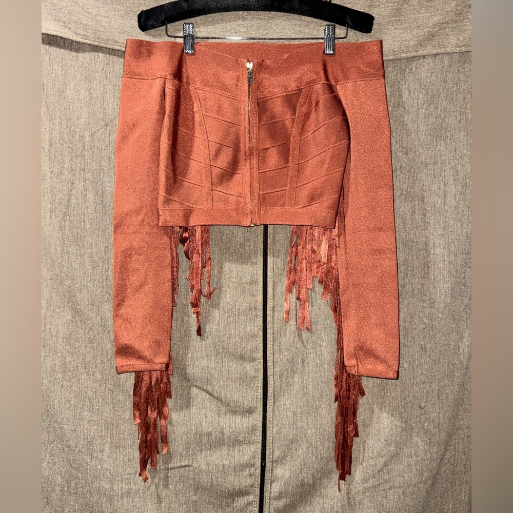 WOW Couture size S Copper Zippered Off the Shoulder Fringe Top in Rust Color